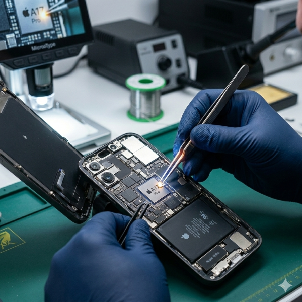 Мастер сервисного центра «Я.Сервис» в процессе профессионального ремонта iPhone 16. Техник в перчатках и фирменном фартуке с логотипом Я.Сервис разбирает смартфон на рабочем столе с оборудованием, микроскопом и инструментами. На заднем плане — вывеска «Я.Сервис — Профессиональный ремонт iPhone 16» и световое табло «Ремонт всей линейки iPhone 16, 16 Plus, 16 Pro, 16 Pro Max. Гарантия 1 год». Атмосфера современного СЦ Apple.